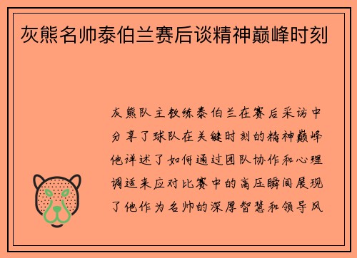 灰熊名帅泰伯兰赛后谈精神巅峰时刻